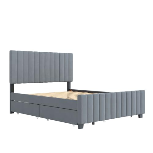Wyibwy Cama de matrimonio de 140 x 190 cm con cama nido con 2 cajones, cama de invitados, tela de terciopelo agradable al tacto, gris (sin colchón) - imagen 8