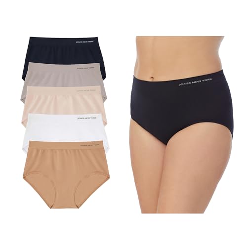 Jones New York Underwear for Women Modern Brief Full Coverage Seamless Stretch Comfort Panties - 5 Pack Multipack - Dark Nude-Ivory-Natural-Microchip-Black, Small