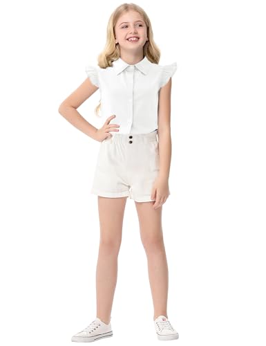 Image of Girls Sleeveless Plaid Button Down Shirt Summer Crop Tops Tie Knot Ruffle Sleeve Shirt Blouse 3-12Y