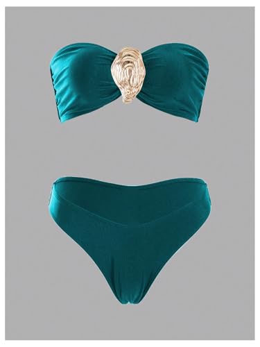 GORGLITTER Women's Strapless Bandeau Swimsuits High Waisted Bikini Sets with Metal Coverup Skirts 3 Piece Bathing Suits4