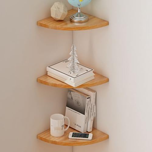 Elegante estantería esquinera de madera, estante pequeño de esquina de 3 niveles, acabado natural, estante de almacenamiento para sala de estar, estantería compacta (20 cm)