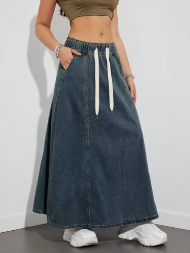 Women Casual Elastic Waist Jeans Long Skirts High Rise A Line Flare Denim Maxi Skirt3