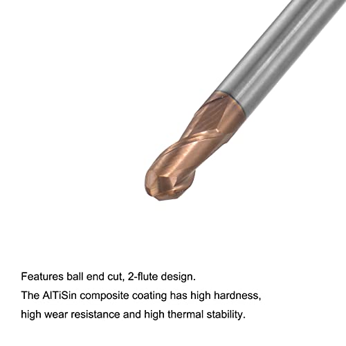Image of uxcell Ball Nose End Mill 2mm Tip Radius Solid Carbide AlTiSin Coated CNC Router Bits 2 Flute Spiral Milling Cutter HRC55 with 4mm Shank 100mm (4-inch) Length