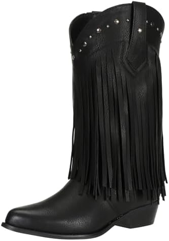 SheSole Women’s Wide Width Fringe Boots Mid Calf Stud Tassel Western Cowgirl Cowboy Boots