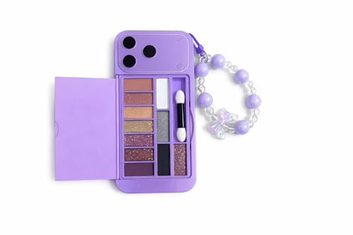 Image of 2 in 1 Faux Phone Case Makeup Palette with Mirror & Applicator | Pastel Portable Eyeshadow Kit | Compact Travel Makeup Box with Beaded Strap (Purple)