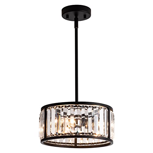 Mayna Black Crystal Round Chandelier Cylinder Drum Pendant Lights Farmhouse Crystal Chandelier Modern Black Pendant Light 3Lt Drum Chandelier Pendant Or Semi Flush For Hallway,Kitchen And Porch #TOP9
