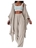 SOLY HUX Women's 2 Piece Outfit Hooded Kimono Flowy Cardigan High Waisted Pants Casual Suits Plain Apricot Medium