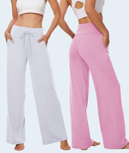 Image of TNNZEET 3 Pack Women's Wide Leg Pants with Pockets - Casual Loose Yoga Trouser Pants Sweatpants Palazzo Lounge Pajama Pants
