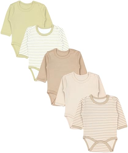 TupTam Langarmbody Baby Body 5er Set – Body Baby aus 100% Baumwolle, OEKO-TEX zertifiziert, Farbe: Streifenmix Salbei Grün Beige, Größe: 104