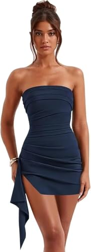 Satin Strapless Homecoming Dresses for Teens 2025 Short Ruched Tight Mini Cocktail Party Dress with Slit AU166