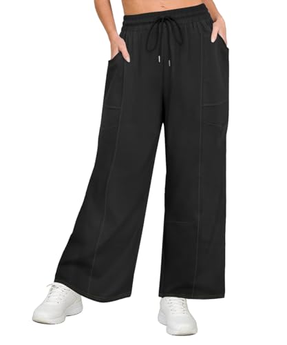 Image of CARCOS Plus Size Sweatpants for Womens 3X Summer Solid Black Palazzo Pants Drawstring Wide Leg Cotton Beach Pant with Pockets Baggy Slacks Casual Trousers Lounge Pant Vacation Outfits 3XL 20W 22W