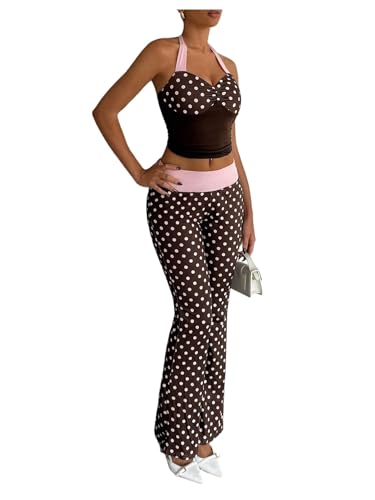 Floerns Womens Polka Dots Workout Sets Colorblock Halter Tops and Pants Matching Sets Brown and Pink Small