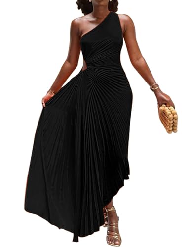 Yuopeid Women's Sexy One Shoulder Sleeveless Fashion Pleated Irregular Hem Cocktail Club Party Long Maxi Dress