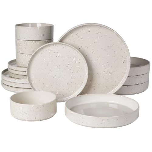 Image of Famiware Nebula 16-Piece Plates and Bowls, Creamy White | Reactive Glaze Dinnerware Set with Pasta Bowls, Service for 4 - Chip & Scratch Resistant, Microwave & Dishwasher Safe