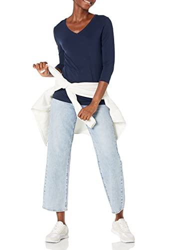 Amazon Essentials Camiseta con Cuello en V y Manga 3/4 de Corte Estándar (Disponible en Tallas Grandes) Mujer, Azul Marino, L