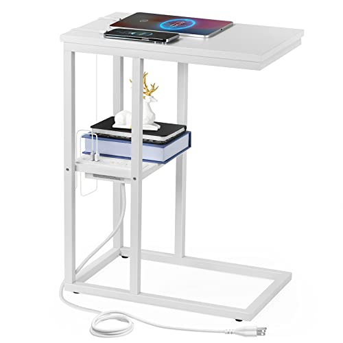 Image of Vagusicc C Shaped End Table with Charging Station, Small Side Tables with USB Ports and Outlets, Snack Sofa Table C Couch Table for Small Spaces, White Bed Side Table for Living Room, Bedroom, Office