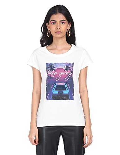Image of Women White Cotton Graphic Print T-Shirt