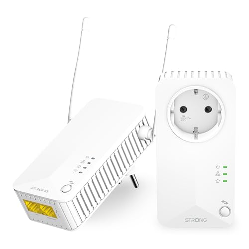 STRONG Kit Powerline PLC (600 Mbps) + WiFi (300 Mbps), Modelo Doble Toma PLC, 1 Puerto Ethernet, Enchufe Filtrado