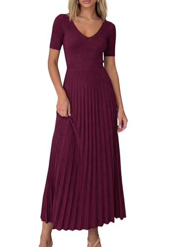 PRETTYGARDEN Women's 2026 Spring Midi Sweater Dresses Elegant Pleated Ribbed Knit Short Sleeve V Neck A Line Summer Outfits (Burgundy,Small) - image 1