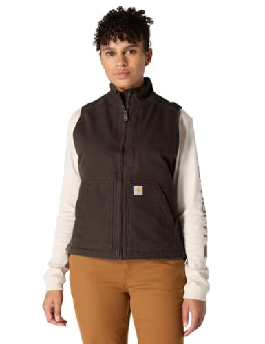 Carhartt womens Relaxed Fit Washed Duck Sherpa Lined Mock Neck Vest Work Utility Outerwear, Dark Brown, Large US