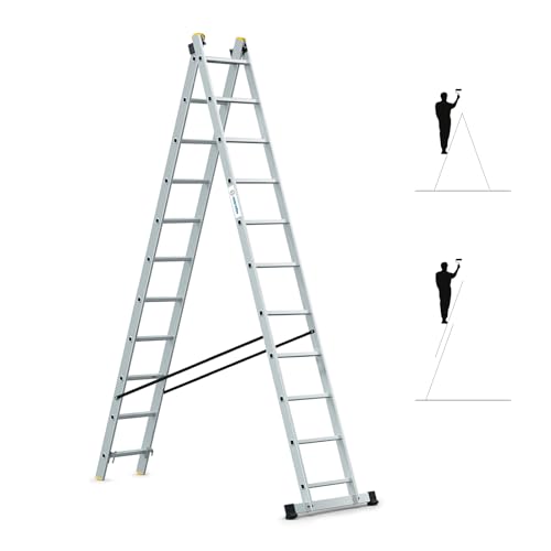 Ausziehbare Leiter, 2 Ebenen, StablePro 2 x 11 Stufen, Aluminium, ausziehbar, verschiebbar, 3 Positionen, Arbeitshöhe max. 5,78 m, Hostrom
