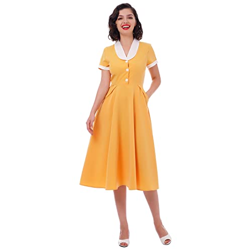 Image of Women 1950s Vintage Short Sleeve Peter Pan Collar Retro Swing A Line Midi Summer Dress Cocktail Party Evening Prom Gown