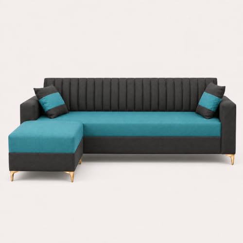 Image of FURNY Signature Regalia 4-Seater L-Shape Sofa Set with Movable Ottoman | Flexible LHS /RHS Layout | Boston Fabric | 40D Foam + Zigzag Spring | 3-Yr Warranty (Ash Grey, Ocean Blue)