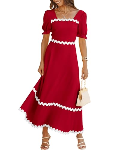 Image of BTFBM Women 2025 Summer Square Neck Short Puff Sleeve Dress Casual RIic Rac Tie Back Smocked Wedding Guest Maxi Dresses