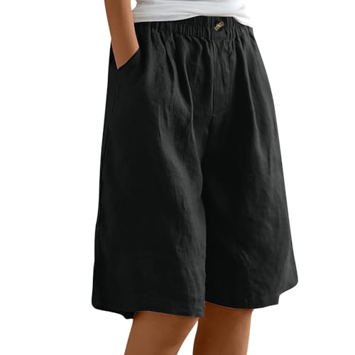 GOFULY Bermuda Shorts for Women Knee Length High Rise Cotton Linen Shorts Elastic Waist Button Half Pants with Pockets