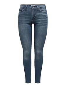 ONLY Damen Skinny Fit Jeans | Normal Waist Denim Stretch Hose | Bleached Used Design ONLWAUW, Farben:Dunkelblau, Größe:M / 32L