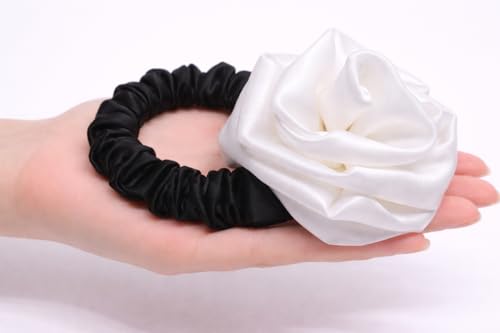 Image of Satin Scrunchie Hair Bands for Women | No-Damage Elastic Hair Ties for Ponytails & Buns | Fluffy & Stylish Rubber Bands | Free Size | Pack of 1 (Off White Rose)