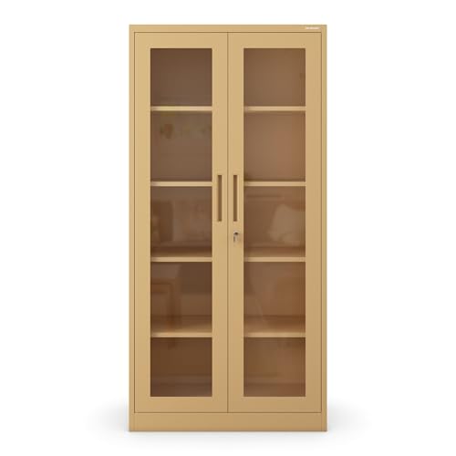 Jan Nowak Metallschrank mit Glasvitrine Aktenschrank Büroschrank Aufbewahrungsschrank 4 verstellbare Fachböden Sicherheitszylinderschloss Pulverbeschichtung 185 cm x 90 cm x 40 cm (Beige)