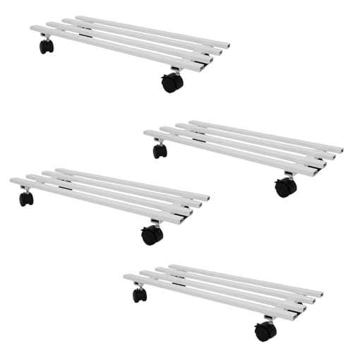 Image of BonKaso Rectangular Metal Plant Stand (Set of 4) with Wheels for Indoor & Outdoor Use (60x 22.9 x7.6 Cm) | Heavy Duty Flower Pot Holder | Holds Up to 100kg | Corner Plant Rack for Heavy Plants - White