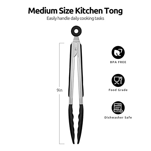 600℉ Heat Resistant Kitchen Tongs: U-Taste 9 Inch Silicone Cooking Tong With Firm Sealed Non Stick Rubber Tips & Silicon Coated 18/8 Stainless Steel Handle & Smooth Locking For Serving Salad (Black) #TOP1