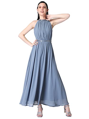 Image of FabAlley Department377 Blue Halter Neck Embellished Maxi Dress