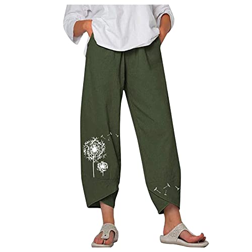 Image of Cotton Linen Capri Pants for Women 2025 Casual Printed Cropped Palazzo Pants Elastic Waist Lounge Baggy Trousers