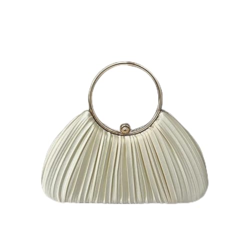 Elegante bolsa feminina plissada para noite com alça de anel metálico para festa formal, banquete de casamento, branca, Branco