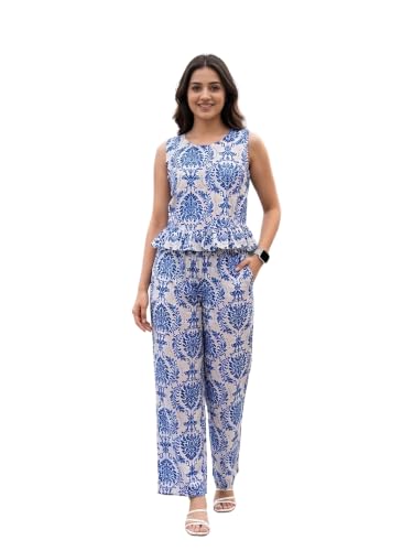 Image of NAINVISH Women Printed Co Ord Set Off Shoulder Ruffle Top High Waist Palazzo Pants Summer Casual Vacation Party Outfit