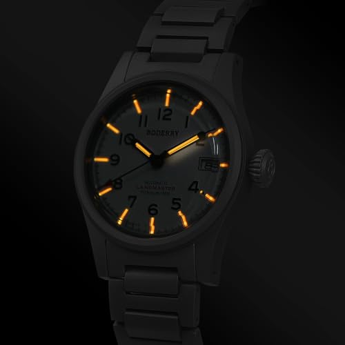 BODERRY Men's Watch Titanium Automatic Field Watch 38mm Military Watch Day Date Function 100M Waterproof with Nylon Strap Japanese NH35 Mechanical Movement & Screw Down Crown—LANDMASTER