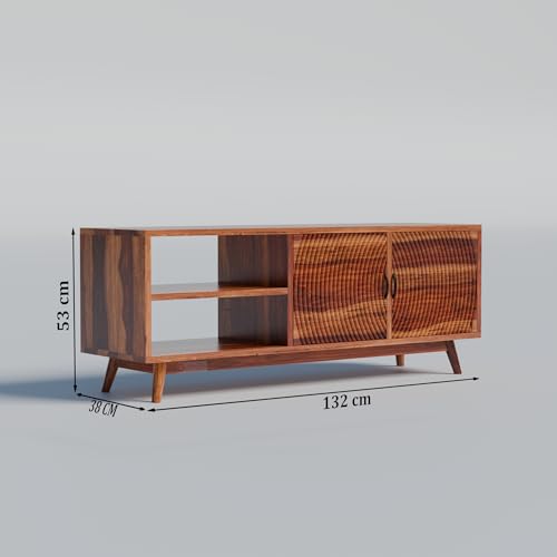 Image of DRIFTINGWOOD Magnus Solid Sheesham Wood TV Console for Upto 55 Inch TV, Entertainment Center with Cabinets & Shelves, Honey Finish
