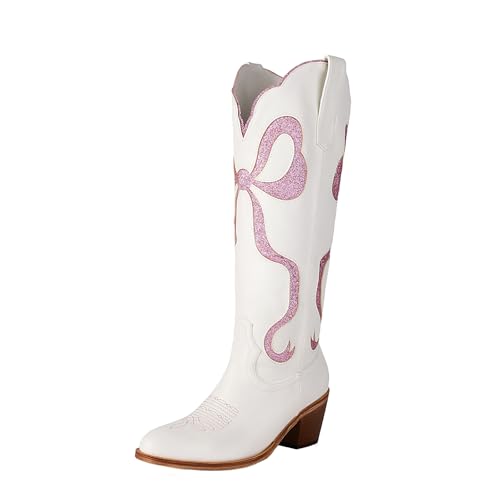 Women's White Cowgirl Boots with Glitter Bow Knee High Cowboy Boots Almond Round Toe Chunky Heel Embroidered Western Cowboy Boots for Women