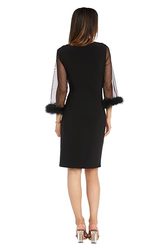 Image of Elegant Feather Trim Wrap Mini Dress W /Illusion Long Sleeves, Ruched Waist & Rhinestone Brooch