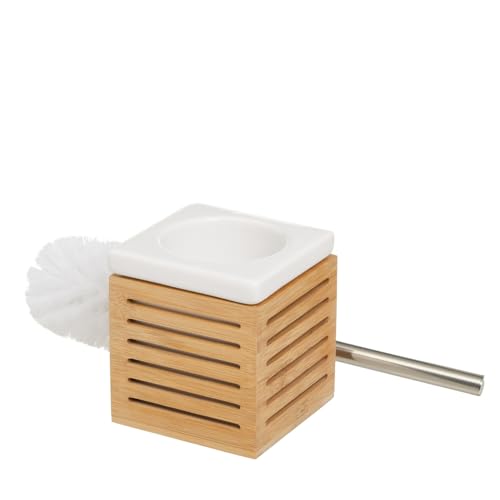 Escobillero Cuadrado de cerámica Blanca y bambú Natural de 11x11x37 cm
