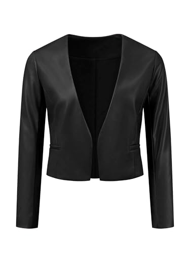 Allegra K Faux Leather Jacket for Women's Collarless Open Front Crop PU Moto Biker Jackets Medium Black