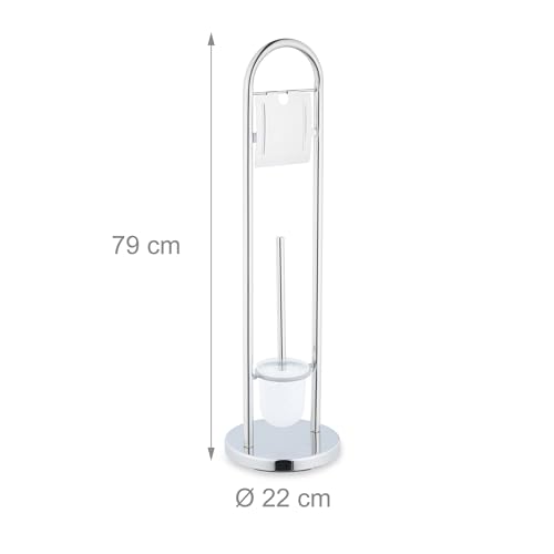 Image of Relaxdays Toilet Brush Holder Stainless Steel H x D 79 x 22 cm Standing Toilet Paper Holder Toilet Brush with Brush Holder Silver