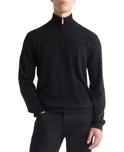 Calvin Klein Men's Extra Fine Merino Wool Blend Quarter Zip Sweater - 40EM331 (Black, 2XL)