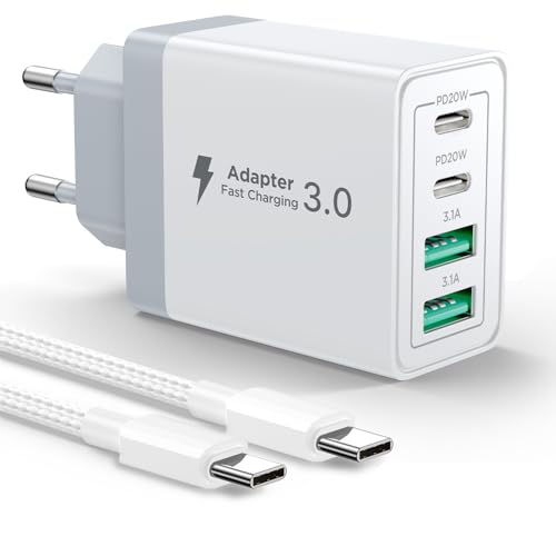 Aioneus Cargador USB C, 40W Cargador USB Movil Carga 4 Puertos Enchufe iPhone Carga Rapida con 2M Cable USB C para iPhone 17 16 15 Pro MAX, Samsung, iPad