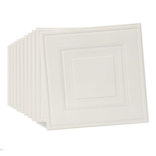 Tarwanear 50 Pack White Grid Panels Peel and Stick 3D Wall Panels 35×35cm Self Adhesive Wall Tile Stickers Waterproof Removable DIY Ceiling Covering for Home/Office Decoration