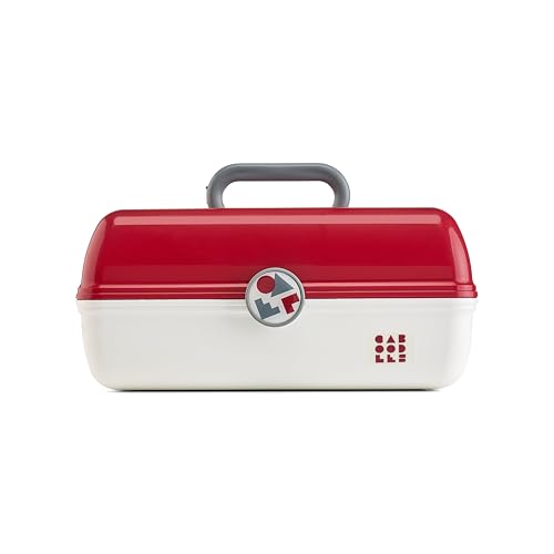 Image of Caboodles School Spirit On-The-Go Girl Makeup Box, Crimson Over White, Hard Plastic Makeup Organizer Box, Built-In Mirror, Secure Latch for Safe Travel, Spacious Storage for Large Items