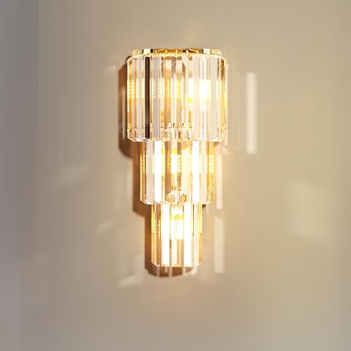 Migliori applique led Vrygle Lampada da Parete Interno applique parete interno Moderna di Lusso in Cristallo - Colore della Luce Regolabile a 3 Livelli, Dimensioni 50x19x12cm, 14W Oro E14x3 Led
